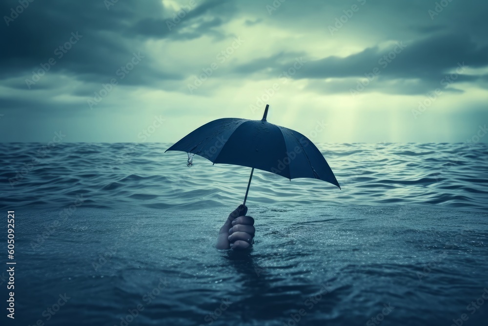 In the vastness of the ocean, a solitary man stands, gripping an umbrella against the elements. Symbolizing resilience and protection, he defies the forces around ... Generative AI