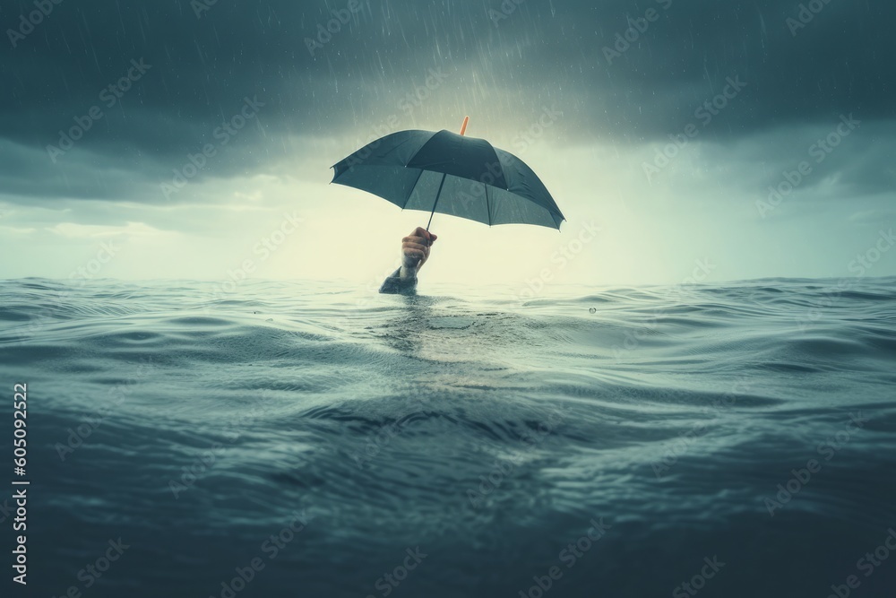 In the vastness of the ocean, a solitary man stands, gripping an umbrella against the elements. Symbolizing resilience and protection, he defies the forces around ... Generative AI