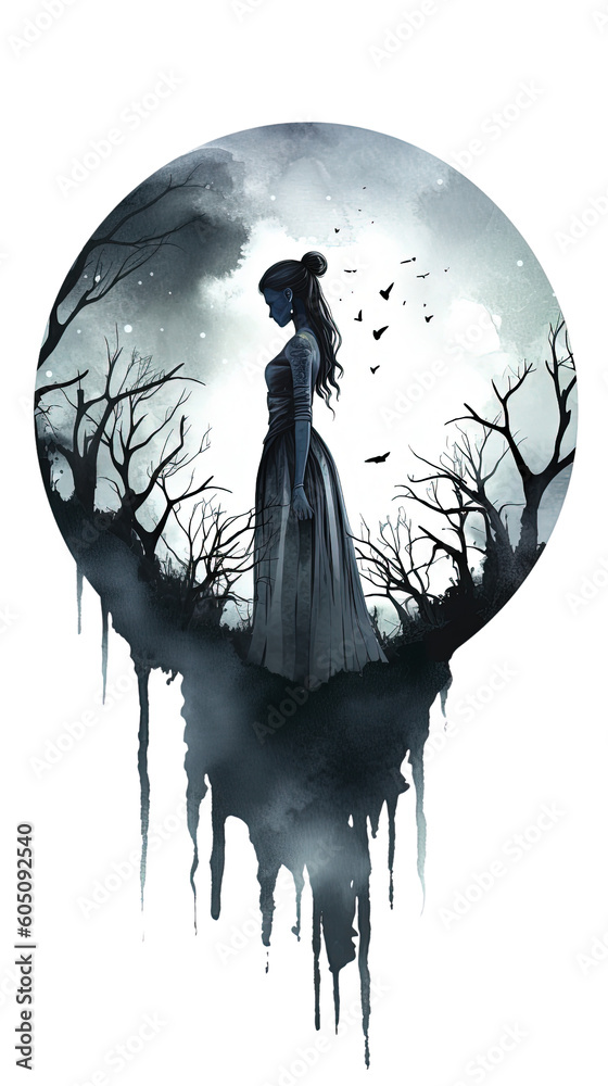 Fototapeta premium sinister moonlit silhouette in the style of dark goth watercolor