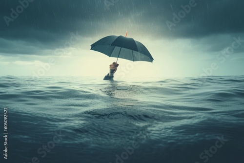 In the vastness of the ocean, a solitary man stands, gripping an umbrella against the elements. Symbolizing resilience and protection, he defies the forces around ... Generative AI