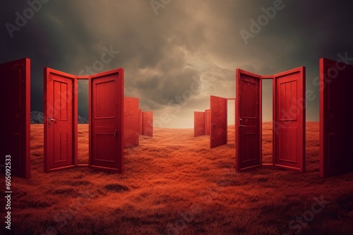In a surreal realm, a multitude of doors materialize, presenting endless possibilities and choices. Each door holds the potential for a unique path, leading to untold adventures Generative AI