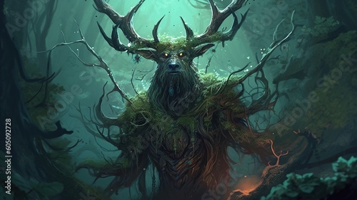 A forest spirit with antlers and vines. Fantasy concept , Illustration painting. Generative AI