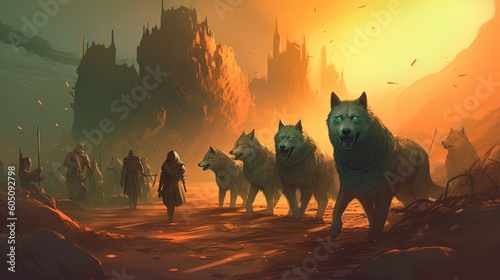 A fierce wolf pack and a tribe of humans work together to save their homeland from an ancient curse. Fantasy concept , Illustration painting. Generative AI © X-Poser