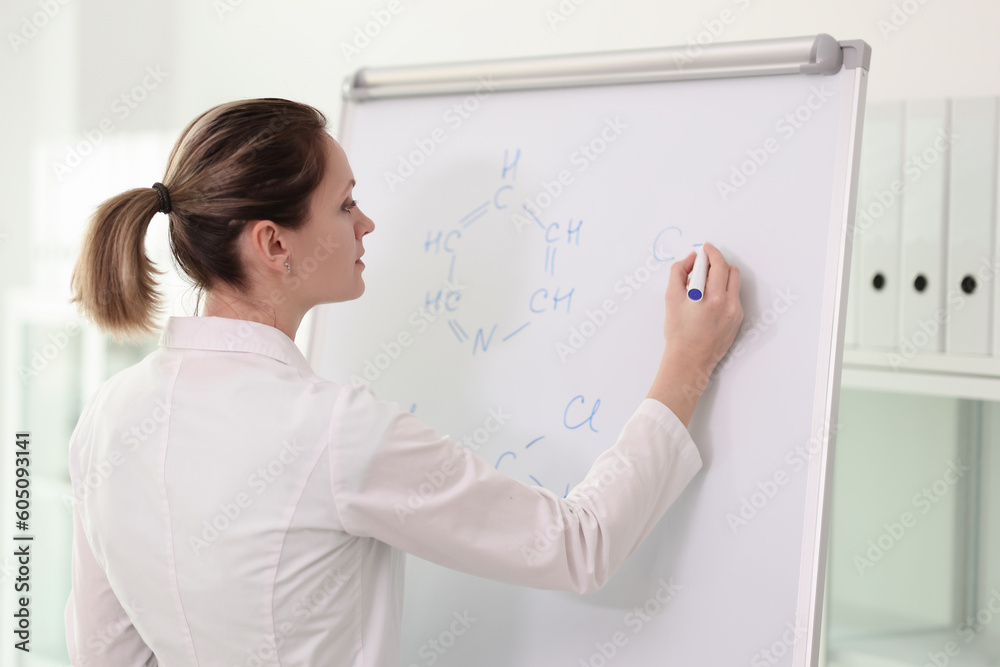 Young female scientist writes formulas on big whiteboard Young female scientist writes formulas on big whiteboard