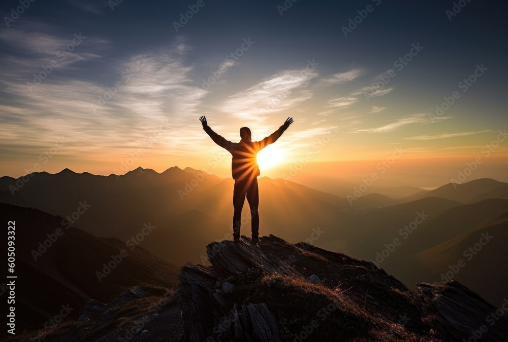 Man standing on the top of a mountain and looking at the sunset - made with Generative AI