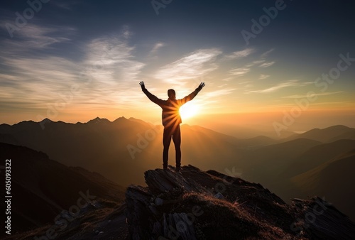 Man standing on the top of a mountain and looking at the sunset - made with Generative AI