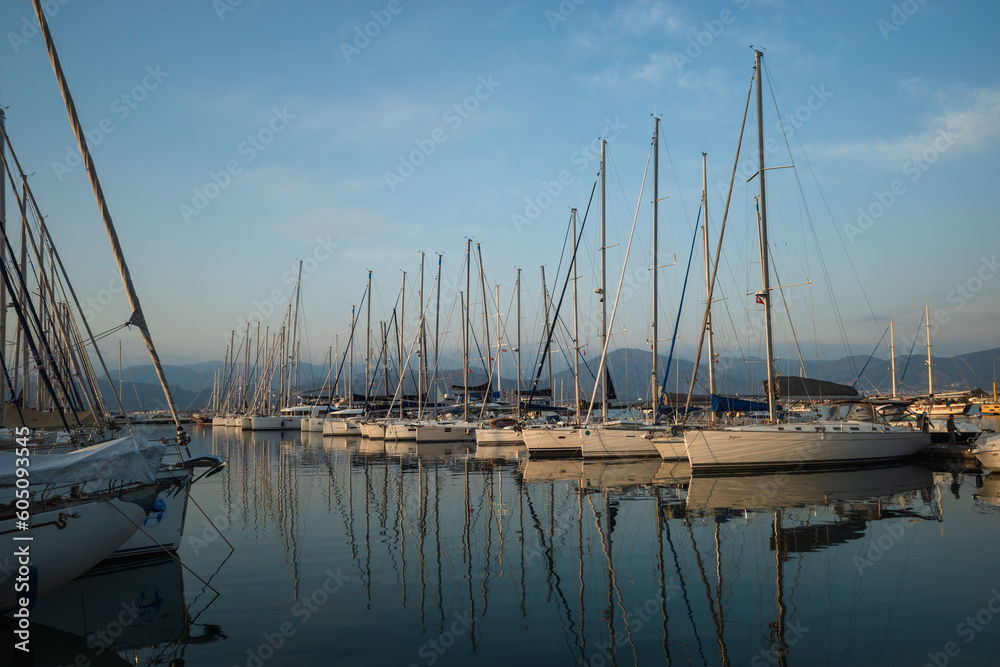 Yachts and boats in Fethiye Ece Marina, Mugla province, Turkey - may 2023