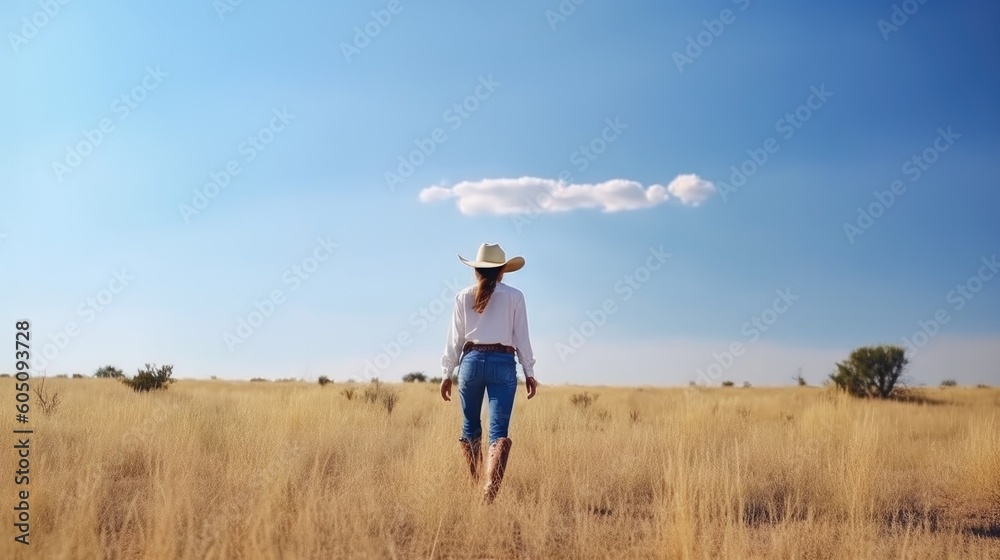 Young beautiful woman in cowboy hat walking in the field on a sunny day - made with Generative AI