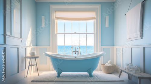 Fotografiet Salle de bain avec sa baignoire et vue sur l'océan.