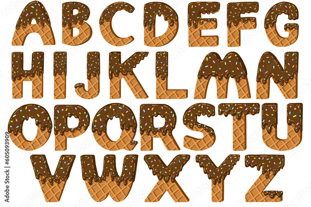 A brown abc letter coated with chocolate on top, on a white scene, is used to decorate as a word. A brown abc letter coated with chocolate on top, on a white scene, is used to decorate as a word.