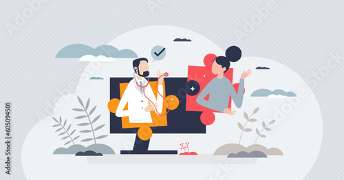 Patient engagement and customer loyalty to medical clinic tiny person concept. Healthcare service with good feedback and quality as positive chance for patient to return again vector illustration.