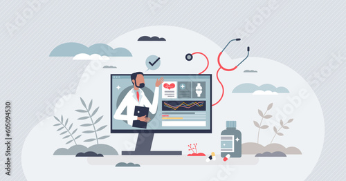 Health information technology as medical online systems tiny person concept. IT application for healthcare database with diagnosis, checkups, prescriptions and illness results vector illustration.