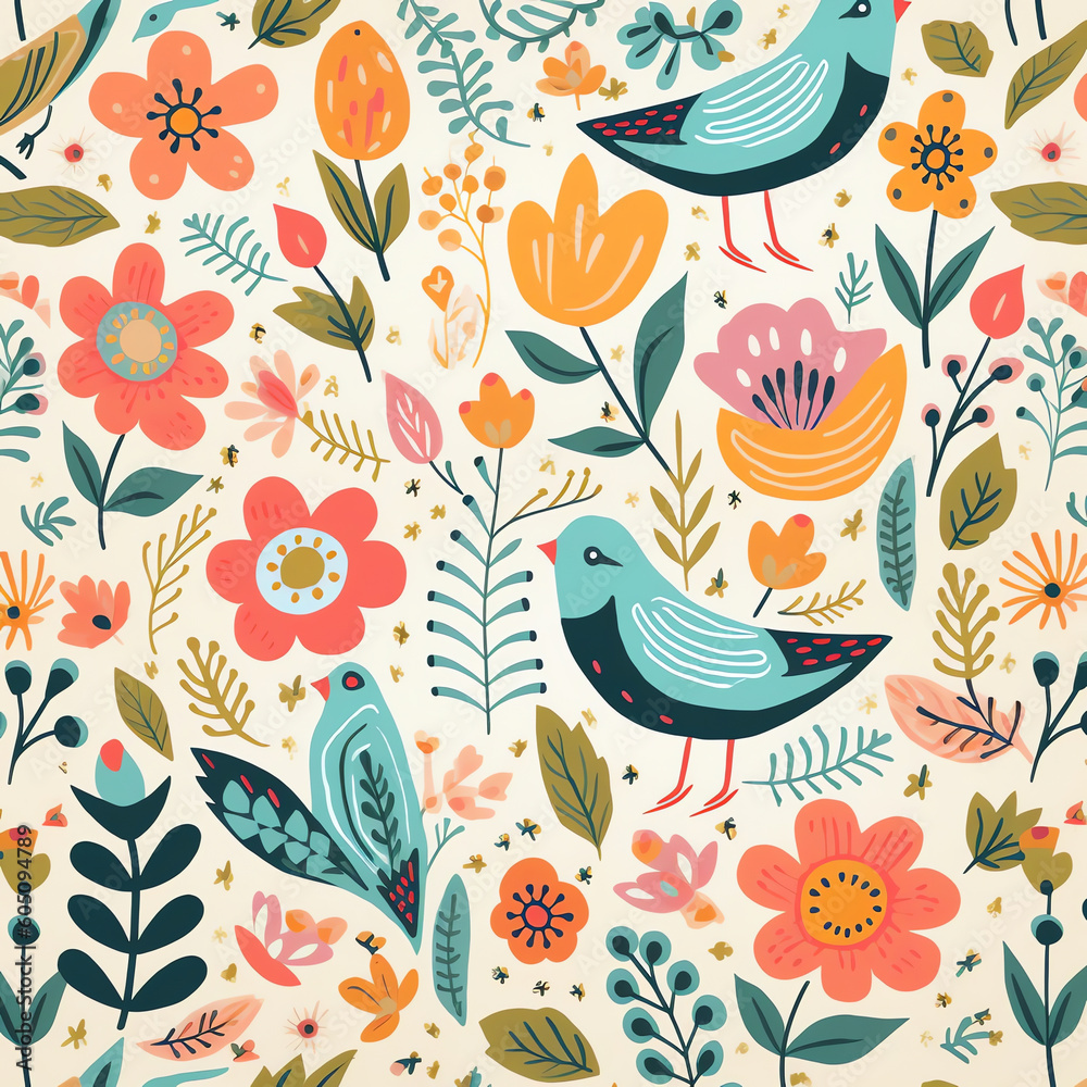 AI Generated. Whimsical Floral Pattern with Bird in Flat Style and Pastel Colors. Artistic and Delicate Illustration of Nature. AI Generated. Whimsical Floral Pattern with Bird in Flat Style and Pastel Colors. Artistic and Delicate Illustration of Nature.