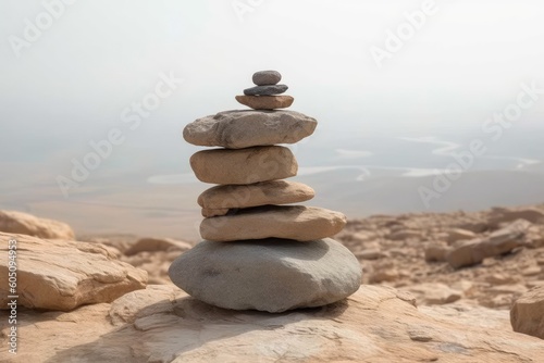 balanced rock stack on a rocky hillside Generative AI