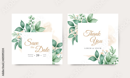 Wedding invitation card template with green leaves