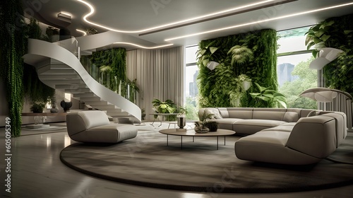 Interior of a futuristic luxury living room with large windows, lush house plants, sofa set, tea table, and impressive ceiling design.
