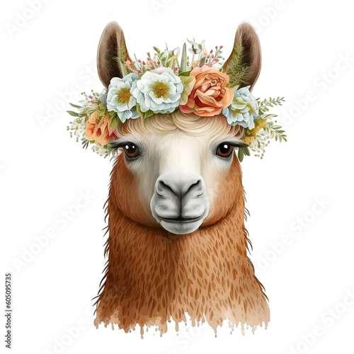 Llama with a wreath of flowers on his head. Beautiful Alpaca with flower crown isolated on Transparency Background.