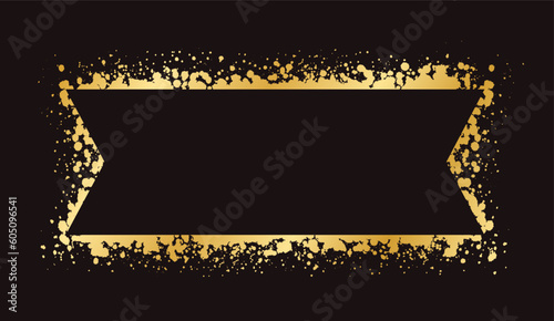 Abstract Gold Ink Splatter Ribbon Banner Frame. Golden foil spray banner border template.