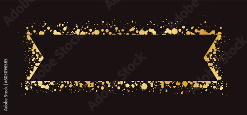 Abstract Gold Ink Splatter Ribbon Banner Frame. Golden foil spray banner border template.