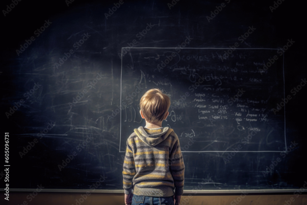 Young boy alone staring at a giant chalkboard in school, Generative AI Young boy alone staring at a giant chalkboard in school, Generative AI