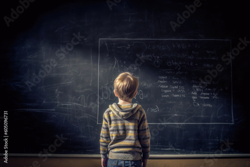 Young boy alone staring at a giant chalkboard in school, Generative AI