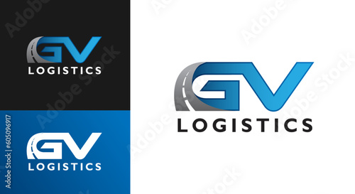 GV Logistics letter highway logo template. Icon G or GV delivery between cities, provinces and countries.