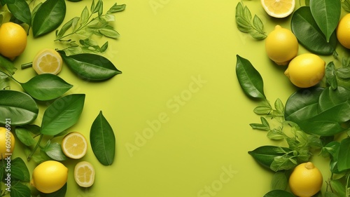 Lime and green leaves embellish the beauty frame for cosmetic product advertising, which is against a background of yellow tiles. GENERATE AI..