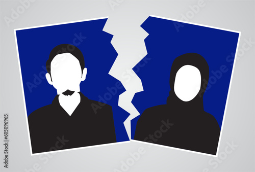silhouette photo of muslim man and woman on blue background with torn effect. divorce photo illustration concept.