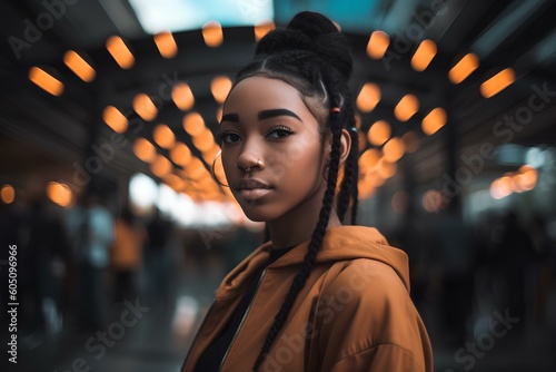 beautiful american black young girl in stylish hip-hop fashion. generative AI