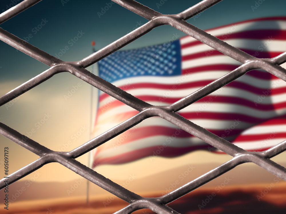 Flag of America and a fence on the border Flag of America and a fence on the border