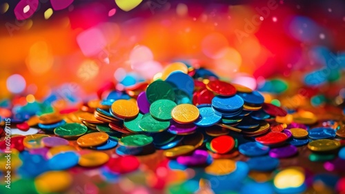 Rainbow-colored confetti in front of a bokeh-effect background. GENERATE AI..