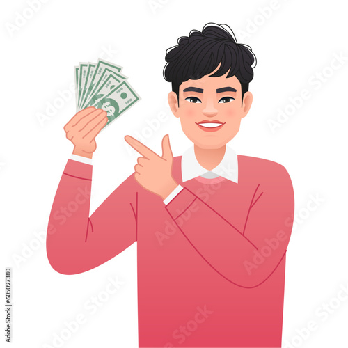 A handsome young man points to the dollar bills in his hand. A white man with money in his hand. A happy businessman. Vector illustration