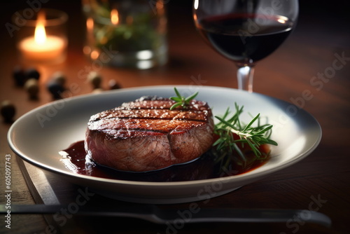 beef steak on the dish with red wine