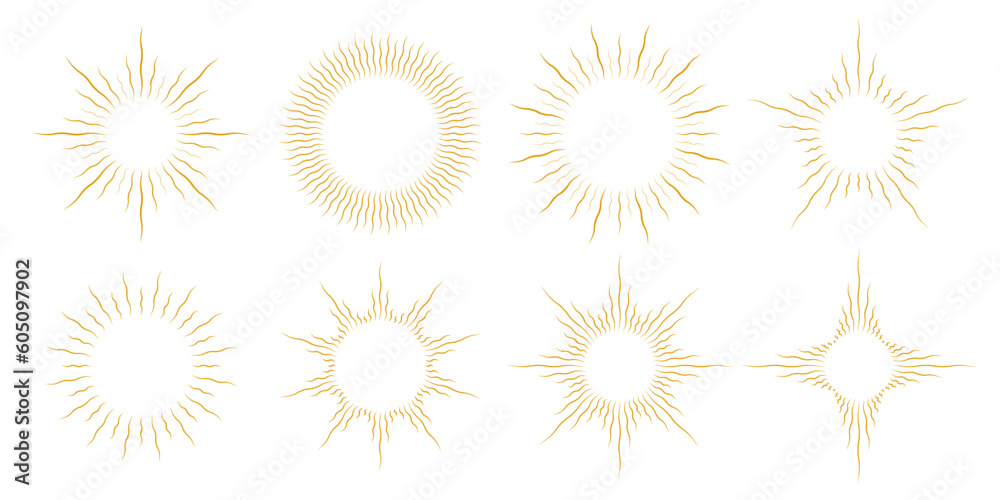 Golden curved sunburst frame set. Retro warped circle sunlight rays pack. Vintage wavy sunbeams design elements for logo, labels, badges, banners. Vector gold illustration collection Golden curved sunburst frame set. Retro warped circle sunlight rays pack. Vintage wavy sunbeams design elements for logo, labels, badges, banners. Vector gold illustration collection