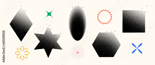 Dissolving shapes set. Fading square, hexagon, star, rhombus, ellipse primitives collection. Figures with halftone dust gradient. Geometric elements for banners, collages, posters. Vector