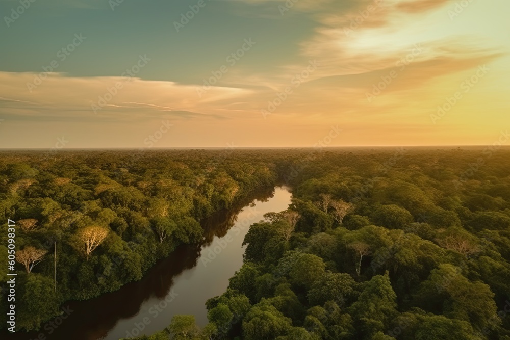 Amazing drone Aerial view of green amazonas forest with river at sunrise with copy space.AI generated