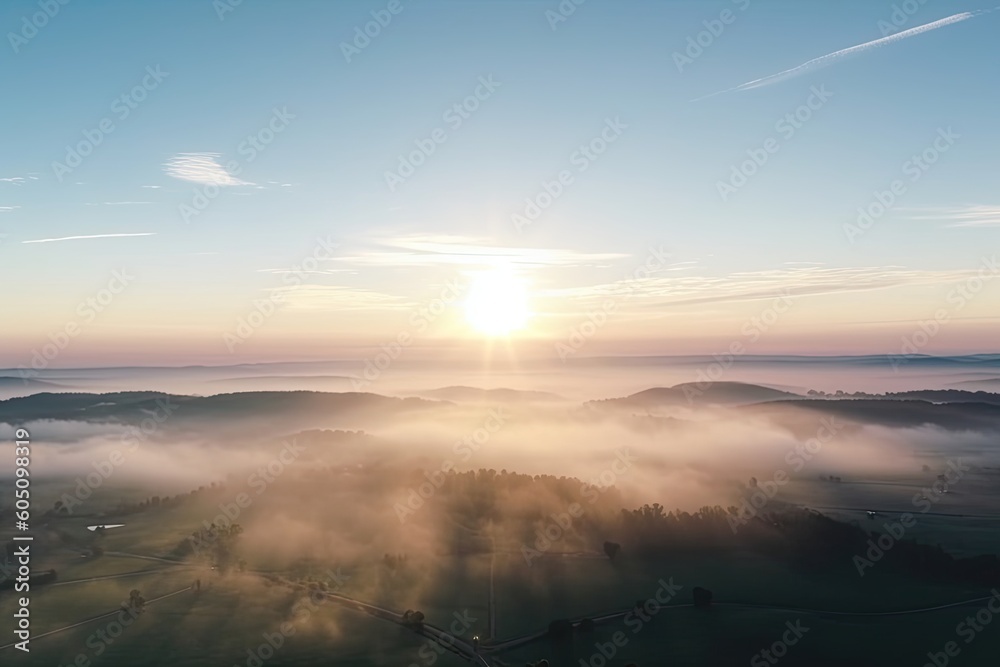 Amazing plane Aerial view 180 degrees panoramic of Morning sunrise above the clouds in the sky with copy space.AI Generated