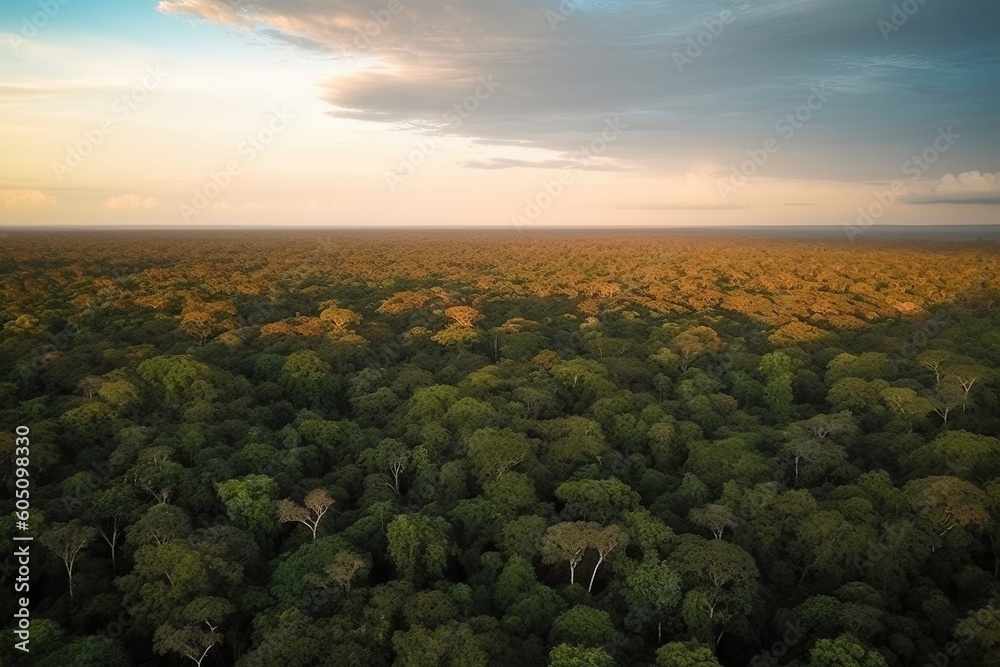 Amazing drone Aerial view of green amazonas forest at sunrise with copy space