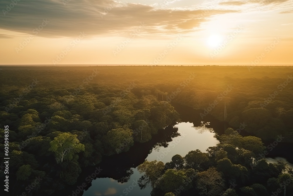 Amazing drone Aerial view of green amazonas forest with river at sunrise with copy space