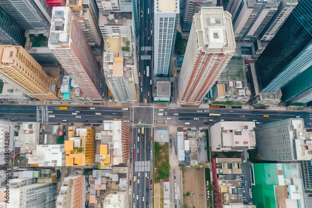 Obraz premium Top view aerial photo from flying drone of a Global City with development buildings, transportation, energy power infrastructure. Financial and business centers concept.AI Generated