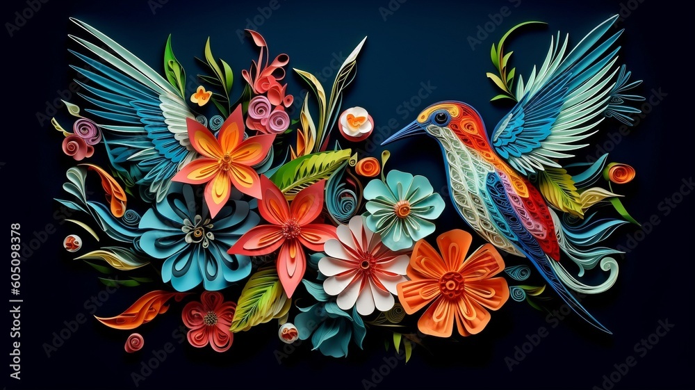 Obraz premium Beautiful summer blooms, butterflies, and hummingbirds in 3D against a background of dark, vibrant colors. GENERATE AI..