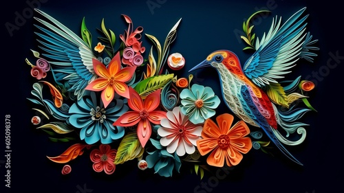 Beautiful summer blooms  butterflies  and hummingbirds in 3D against a background of dark  vibrant colors.  GENERATE AI..