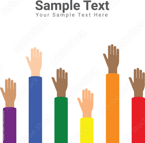 Raised Multicultural hands. Flat Cartoon Vector Illustration