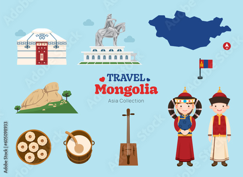 Travel Mongol flat icons set. Mongolia element icon map and landmarks symbols and objects collection. Vector Illustration