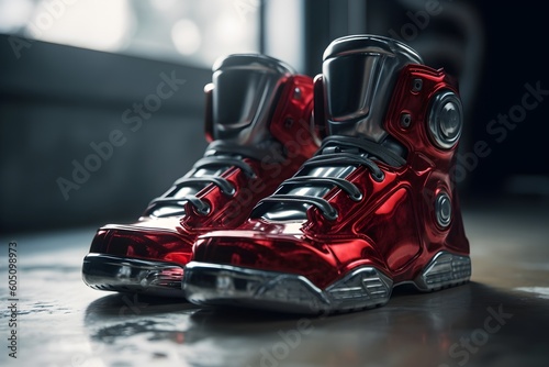 prototype of future red silver sneakers in robotic, mechanical, futuristic style, generative ai generated