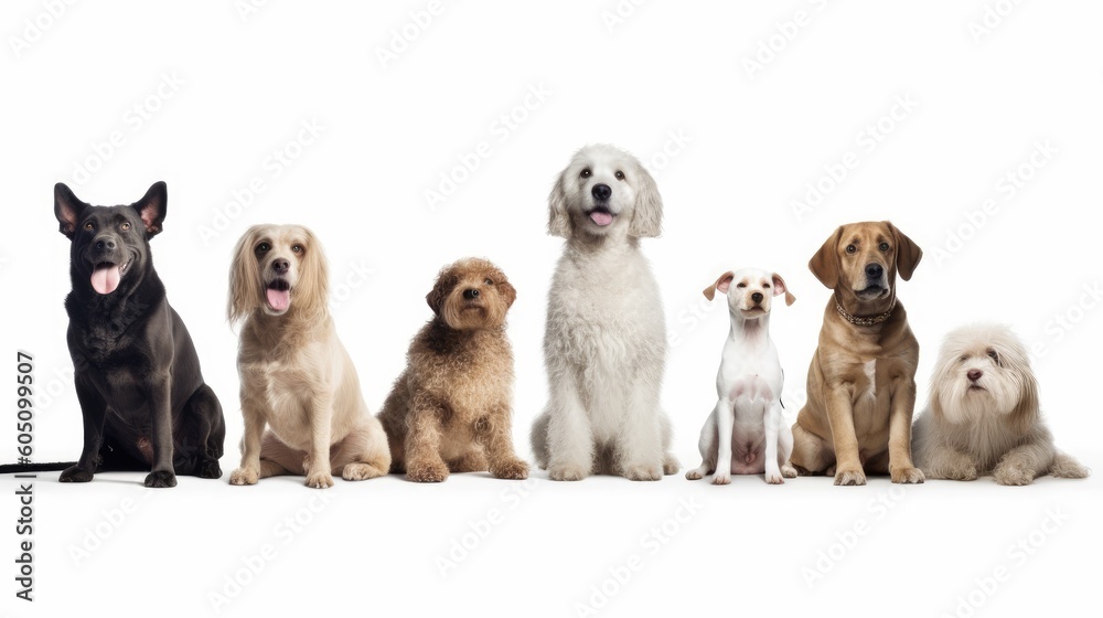 a group of various dog breeds, with happy dispositions, healthy-looking, best friend, Pet-themed, horizontal format, photorealistic illustrations in a JPG. 10:4 aspect. generative ai
