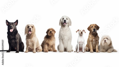 a group of various dog breeds, with happy dispositions, healthy-looking, best friend, Pet-themed, horizontal format, photorealistic illustrations in a JPG. 10:4 aspect. generative ai © Purple Penguin GFX