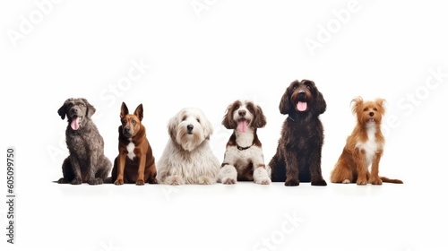 a group of various dog breeds, with happy dispositions, healthy-looking, best friend, Pet-themed, horizontal format, photorealistic illustrations in a JPG. 10:4 aspect. generative ai