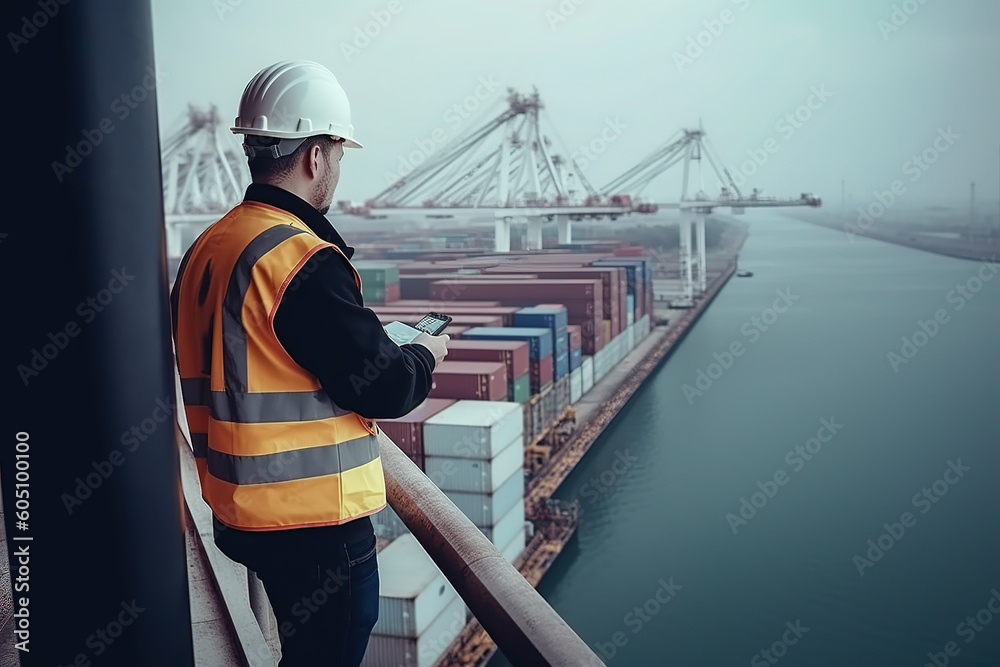 industry with cargo ship engineer worker. - obrazy, fototapety, plakaty 