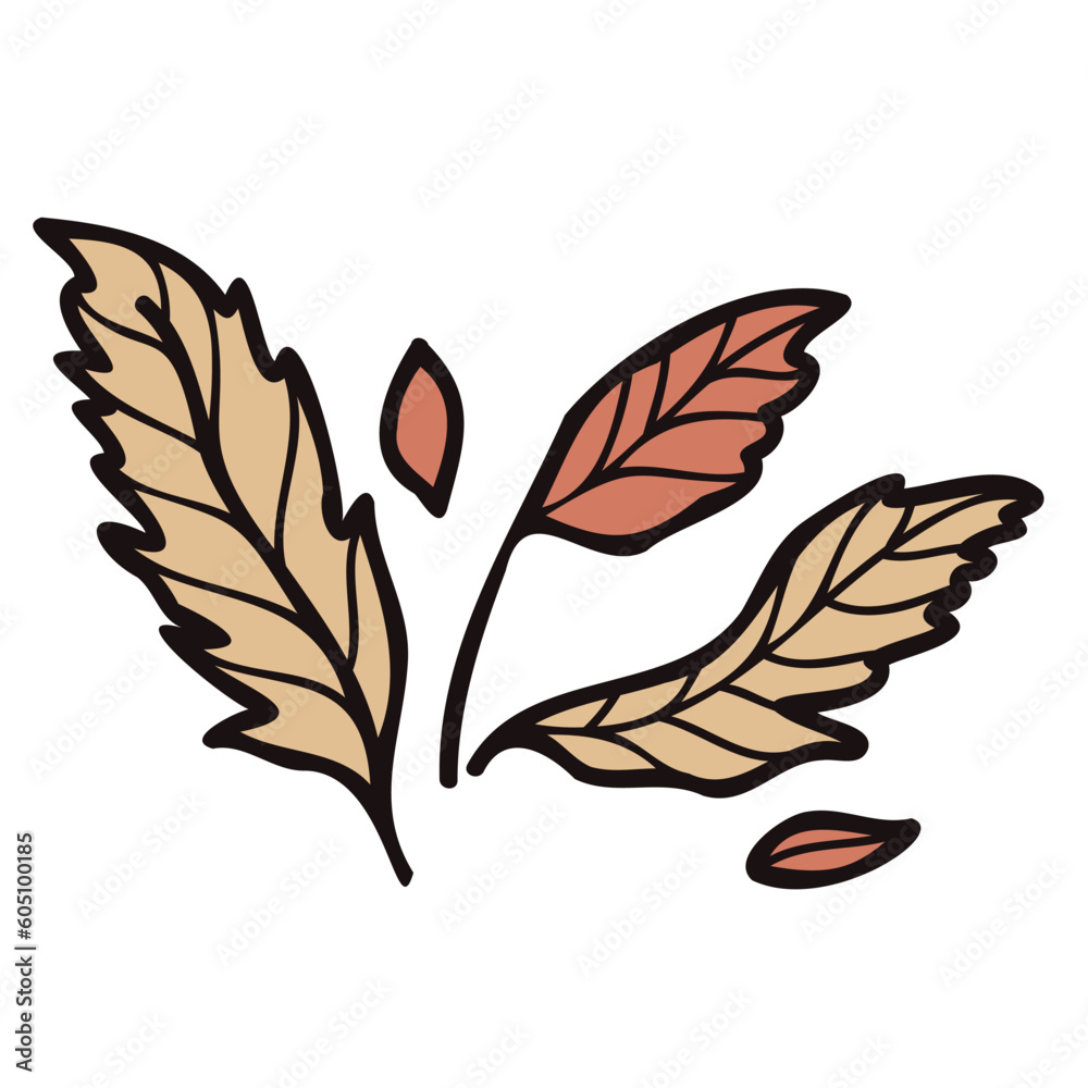Hand Drawn leaves and twigs from the top view in doodle style Hand Drawn leaves and twigs from the top view in doodle style